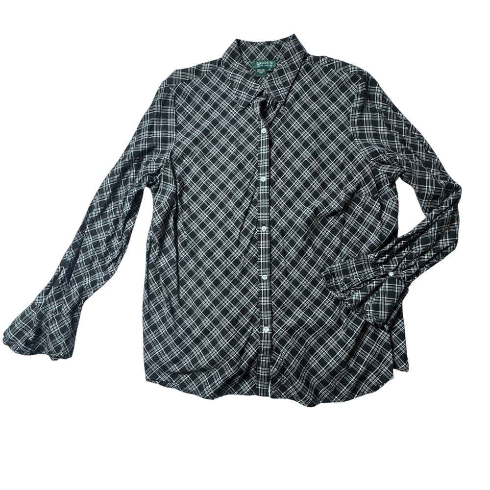 Lauren Ralph Lauren Button Down Women 1X Black Plaid Ruffle Cuff Dark Academia